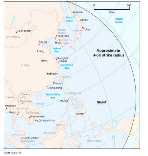 Phạm vi tác chiến được cho là của máy bay ném bom H-6K Trung Quốc trên bản đồ sơ lược